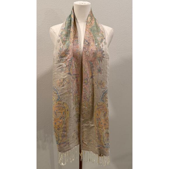 Pashmina Silk Blend Paisley Floral Scarf Shawl Neutral Pastel Boho Quiet Luxury - Picture 2 of 5